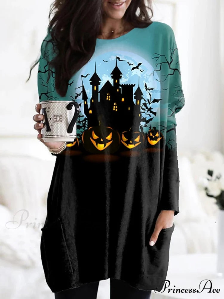 Abstract Women’s Design Black Painting Shirts Round Neck Block White Halloween Long Tunic Plaid Weekend and for and Arm