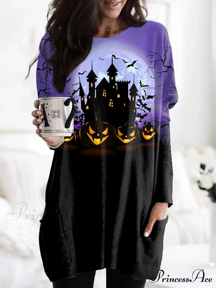 Abstract Women’s Design Black Painting Shirts Round Neck Block White Halloween Long Tunic Plaid Weekend and for and Arm
