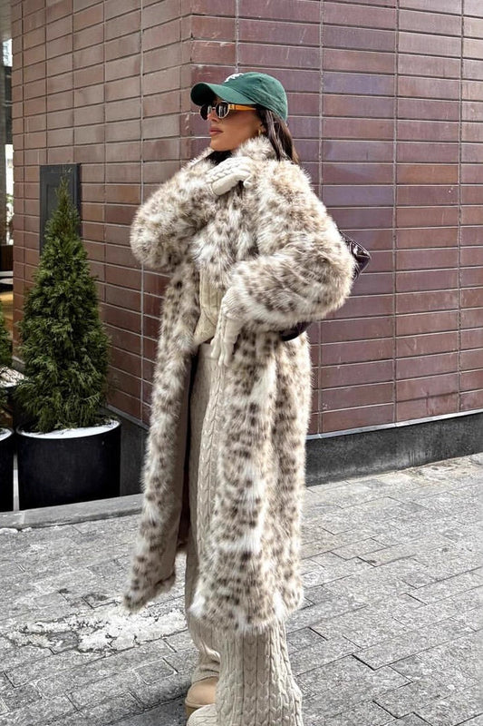 Leopard Print Faux Mink Fur Eco Long Blazer Collar Overcoat