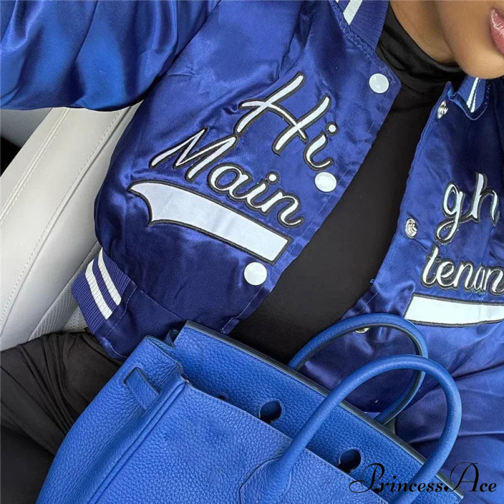 Active Letter Print Cropped Varsity Classic Bomber Jacket - Emerald Green L / Royal Blue