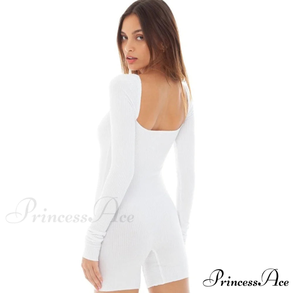 Active Square Neck Long Sleeve Classic Ribbed Bike Short Romper - Black L / White