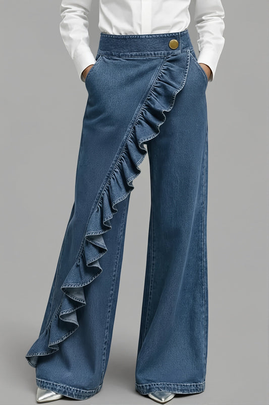 Asymmetric Ruffle Front Wide Leg Jeans