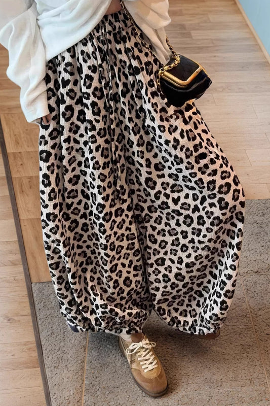 Leopard Cropped Wide Leg Casual Pants