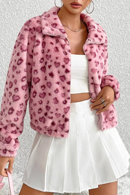 Cozy Heart Leopard Print Fleece Coat