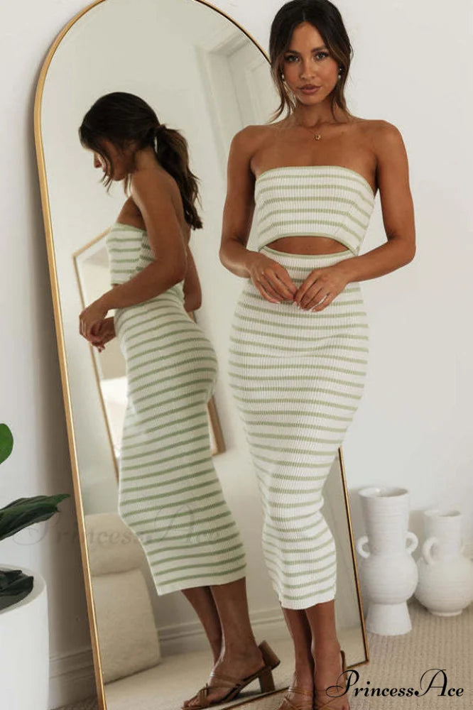 Adelaide Stripe Cutout Charming Rib Midi Tube Dress S / 4#