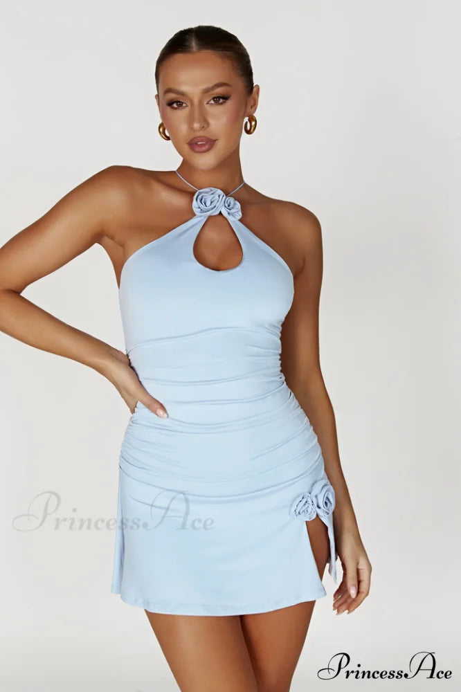 Adeline Rose Stylish Halter Mini Dress S / Powder Blue
