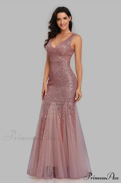 Adeline Sparkly Stylish Sequin Fishtail Gown S / Dusty Pink