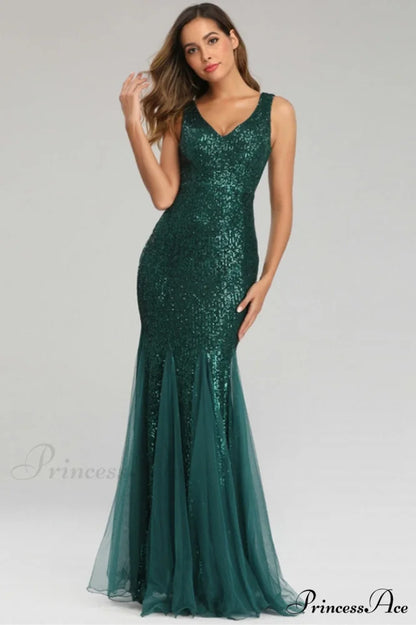 Adeline Sparkly Stylish Sequin Fishtail Gown S / Emerald