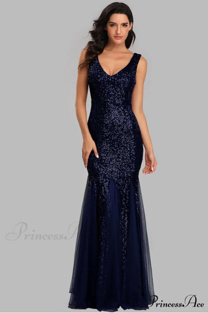 Adeline Sparkly Stylish Sequin Fishtail Gown S / Navy