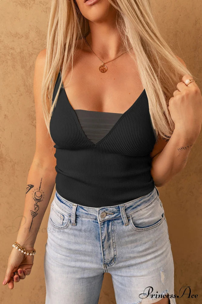 Adjustable Spaghetti Strap Ribbed Cami Black / S