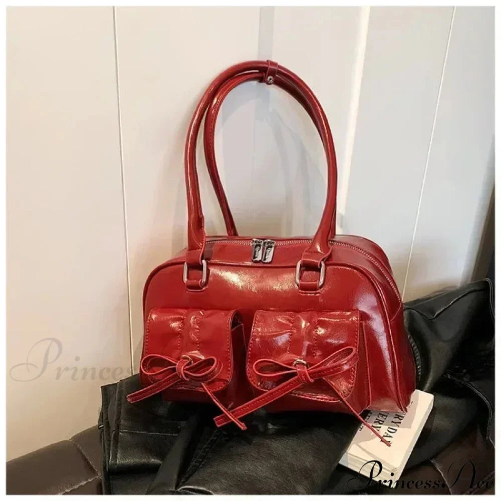 Adorable Bow Tie Synthetic Leather Underarm Shoulder Bag Red / 30x17x10cm shoulder-250126