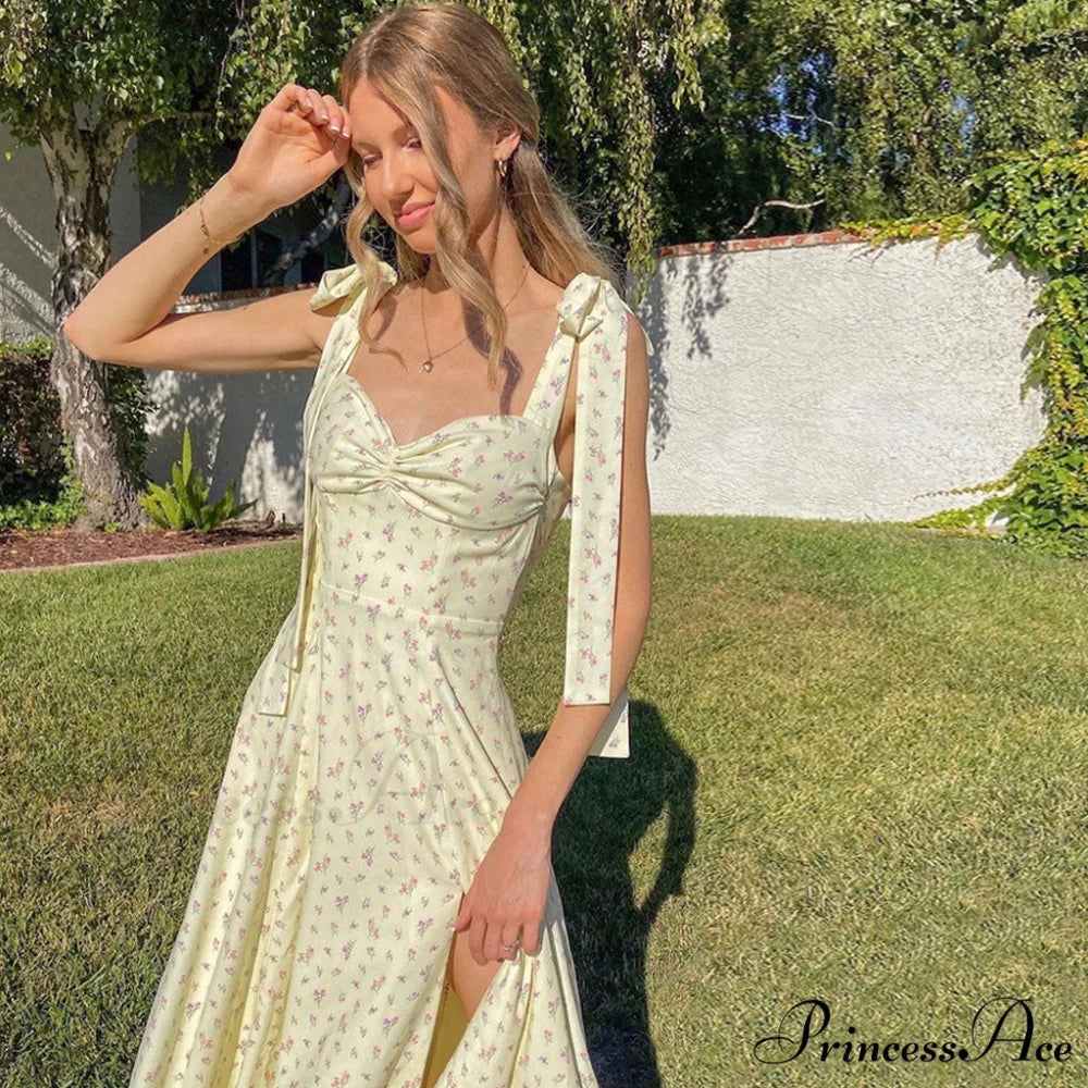 Adorable Daisy Printed High Slit Classic A-Line Slip Midi Sundress - White L / Yellow