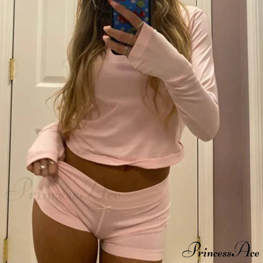 Adorable Female Long Sleeve Crop Top Shorts Two Pieces Set PINK1 / S twopiecesset-250126
