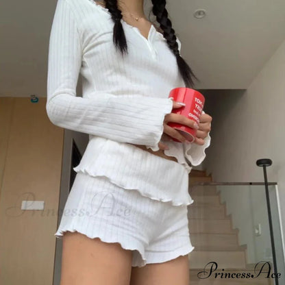 Adorable Female Long Sleeve Crop Top Shorts Two Pieces Set twopiecesset-250126
