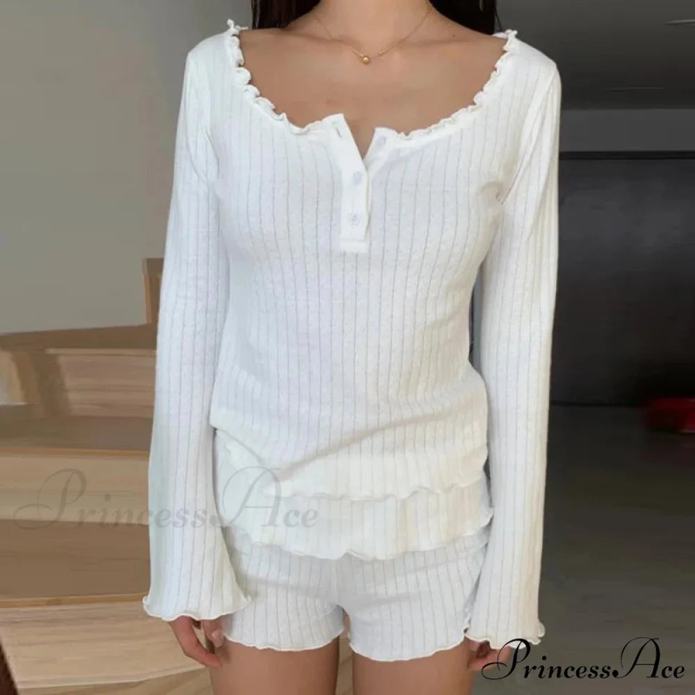 Adorable Female Long Sleeve Crop Top Shorts Two Pieces Set twopiecesset-250126