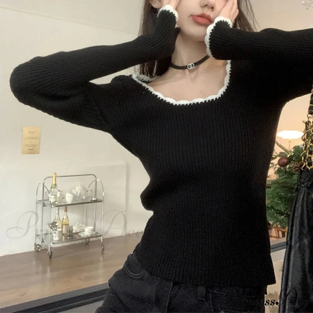 Adorable Round Neck Extended Sleeve Form-Fitting Knitted Crop Top Black / One Size knittop-250126