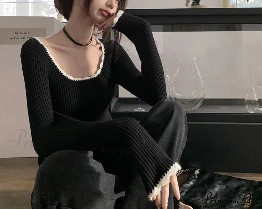 Adorable Round Neck Extended Sleeve Form-Fitting Knitted Crop Top knittop-250126