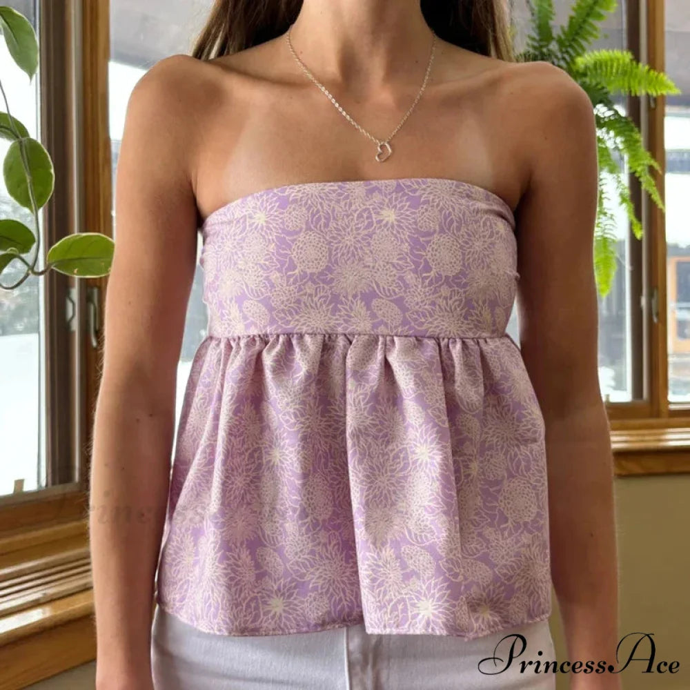 Adorable Summer Floral Strapless Bandeau 00s Backless Tie Up Bodydoll Y2K Crop Top croptop-250126