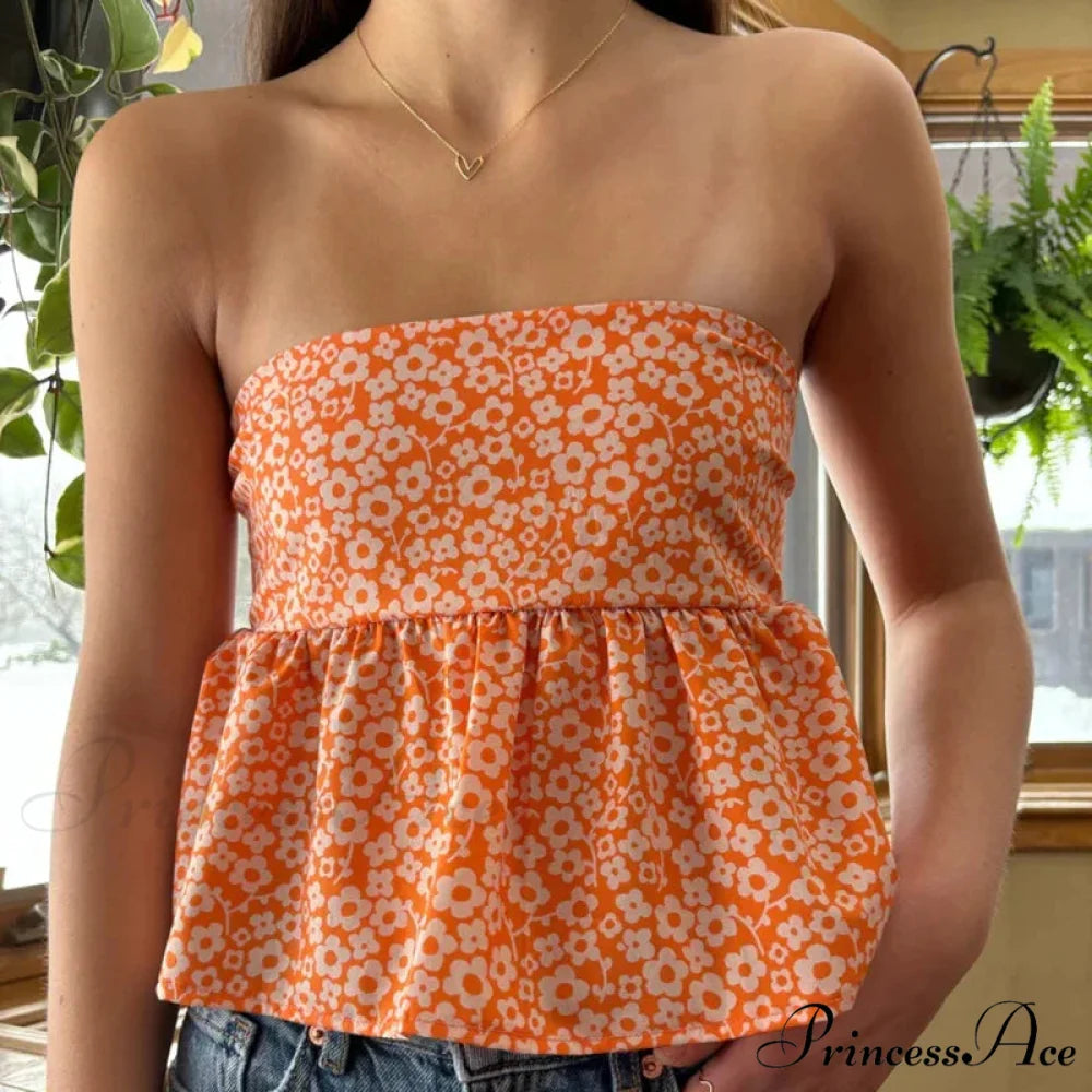 Adorable Summer Floral Strapless Bandeau 00s Backless Tie Up Bodydoll Y2K Crop Top ORANGE / S croptop-250126