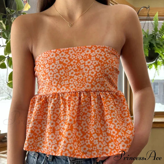 Adorable Summer Floral Strapless Bandeau 00s Backless Tie Up Bodydoll Y2K Crop Top ORANGE / S croptop-250126