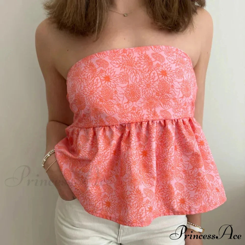 Adorable Summer Floral Strapless Bandeau 00s Backless Tie Up Bodydoll Y2K Crop Top PINK1 / S croptop-250126