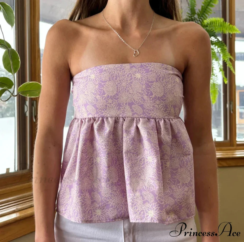 Adorable Summer Floral Strapless Bandeau 00s Backless Tie Up Bodydoll Y2K Crop Top PINK2 / S croptop-250126