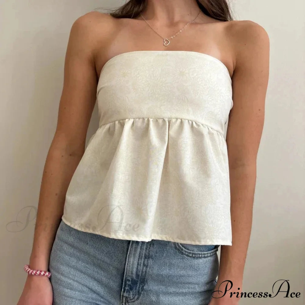 Adorable Summer Floral Strapless Bandeau 00s Backless Tie Up Bodydoll Y2K Crop Top WHITE / S croptop-250126