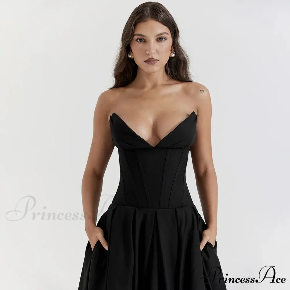 Adriana Midi A-Line Charming Strapless Corset Dress Black / S
