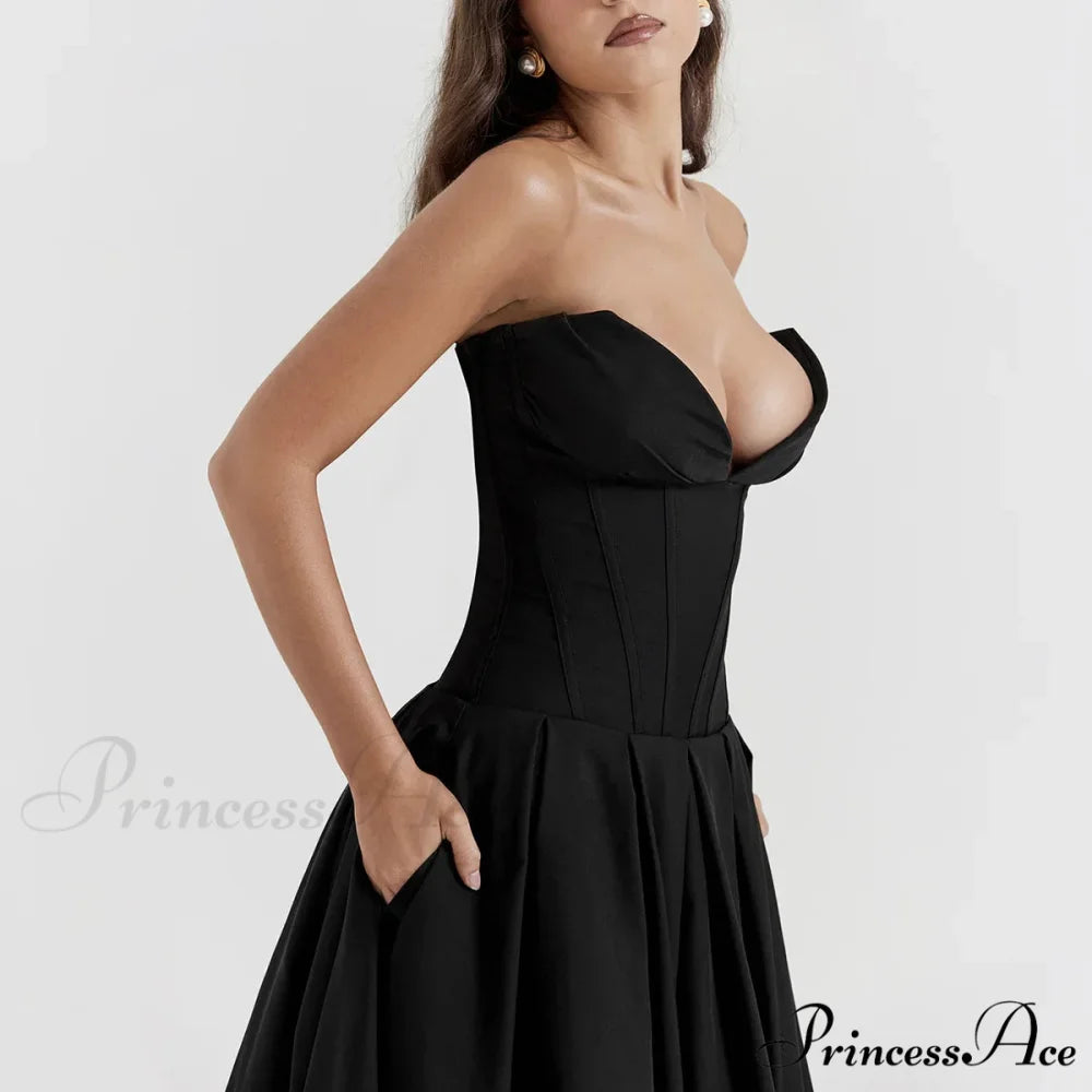 Adriana Midi A-Line Charming Strapless Corset Dress Black / XS