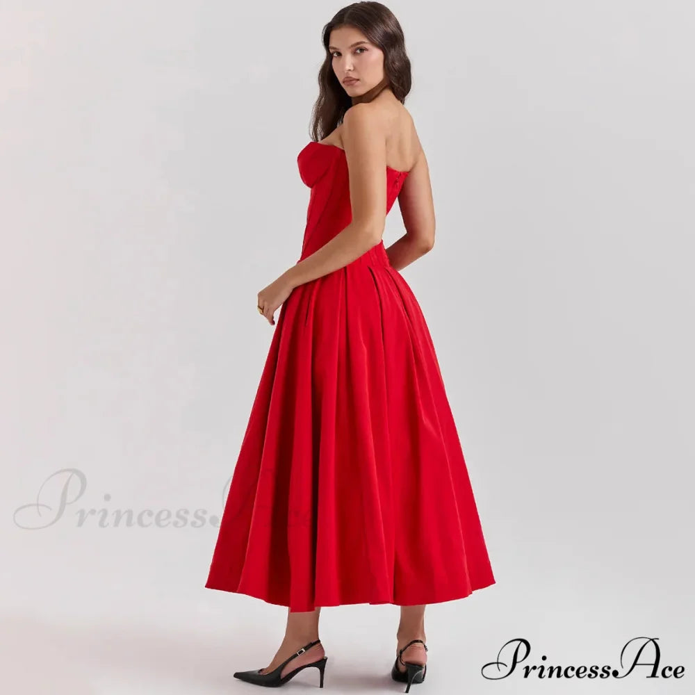 Adriana Midi A-Line Charming Strapless Corset Dress Red / M
