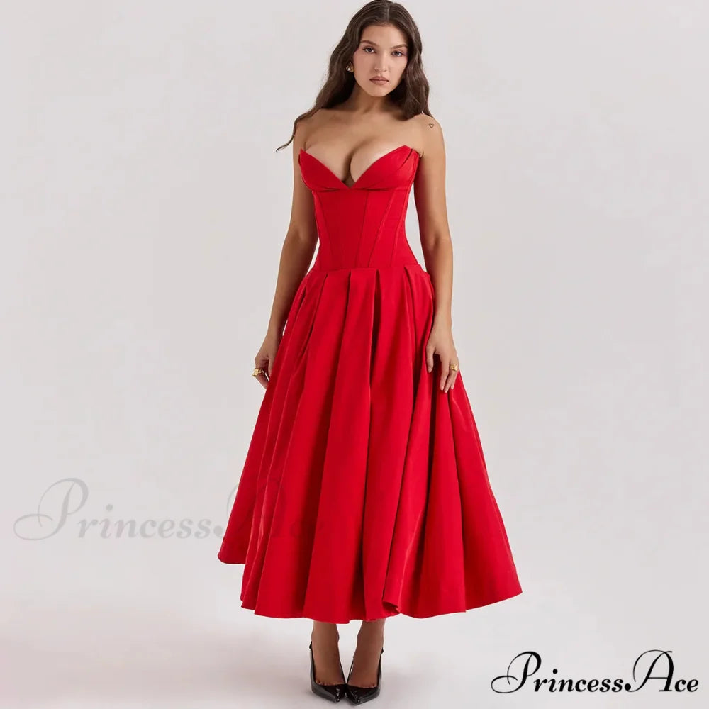 Adriana Midi A-Line Charming Strapless Corset Dress Red / S