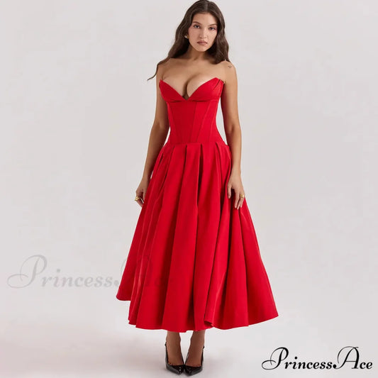 Adriana Midi A-Line Charming Strapless Corset Dress Red / S