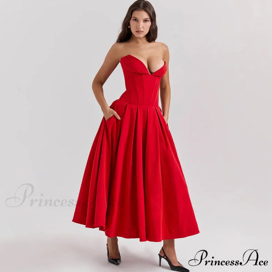 Adriana Midi A-Line Charming Strapless Corset Dress Red / XS