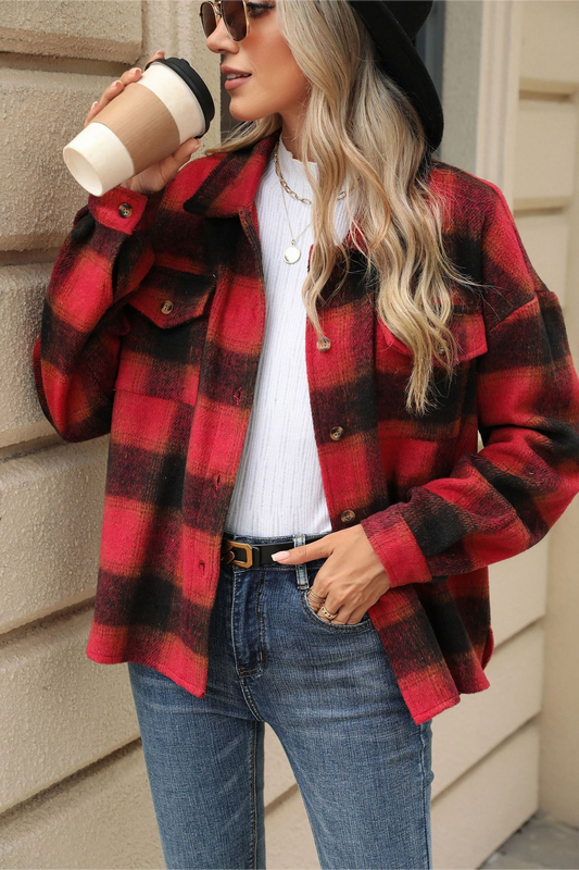 Loose Plaid Lapel Faux Wool Long Sleeve Christmas Outerwear