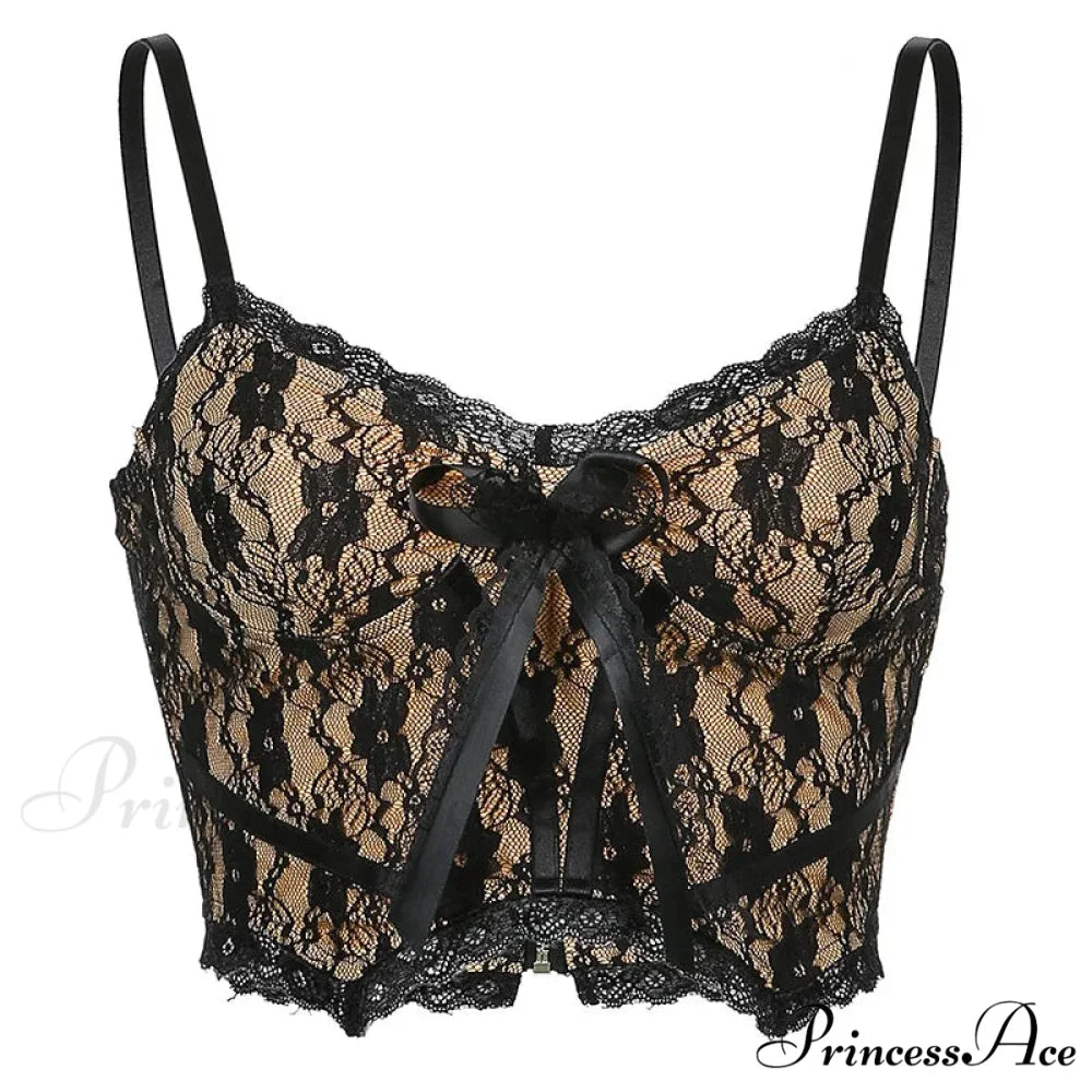 Aesthetic Lace Dark Academia E Girl Double Layer V Neck Sexy Crop Top Black / S