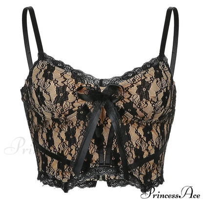 Aesthetic Lace Dark Academia E Girl Double Layer V Neck Sexy Crop Top Black / S