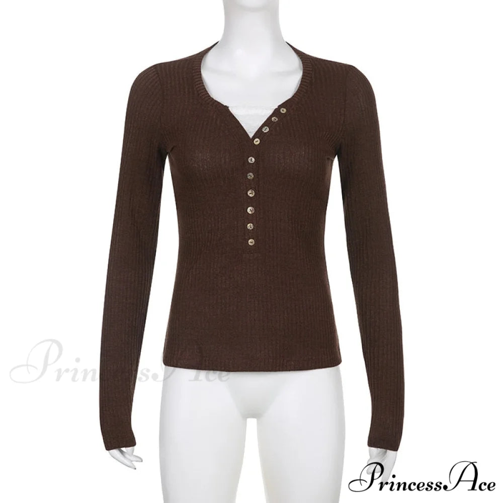 Aesthetic Up Ribbed Lace Arm Patchwork Retro Tops Y2k Skinny Casual Grunge Button Long Fairy Women T-shirt Blouse brown