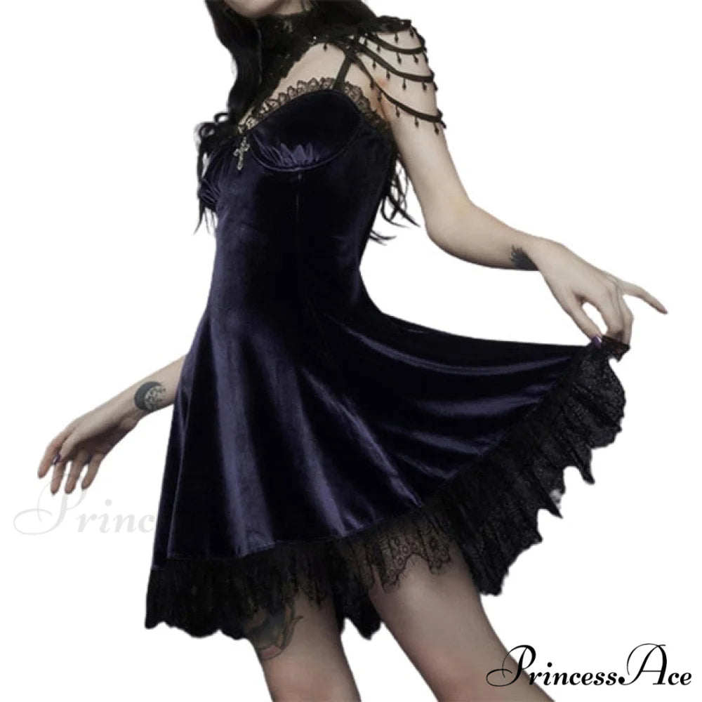 Aesthetics Lace Trim Velvet Ruffles Dresses black 1 / S