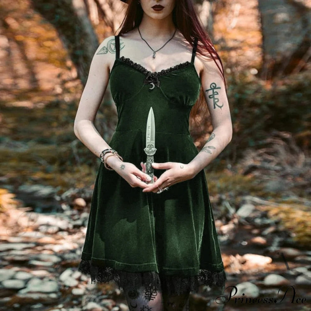 Aesthetics Lace Trim Velvet Ruffles Dresses green / S