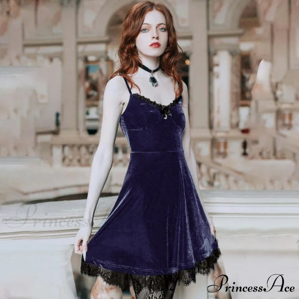 Aesthetics Lace Trim Velvet Ruffles Dresses purple / S