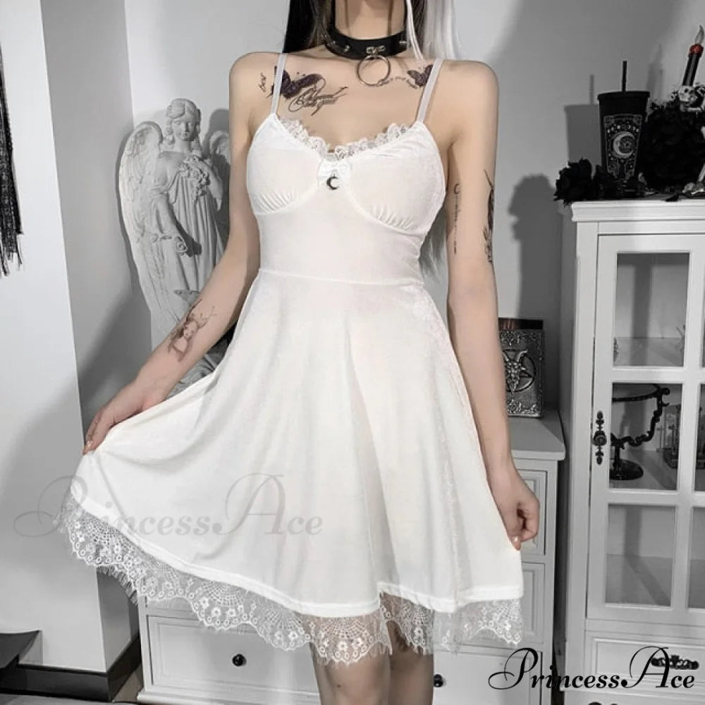 Aesthetics Lace Trim Velvet Ruffles Dresses white / S