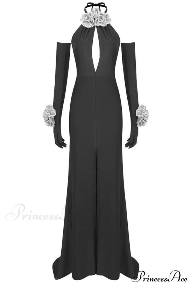 Afaf Halter Flower Charming Detail Maxi Dress XS / Black