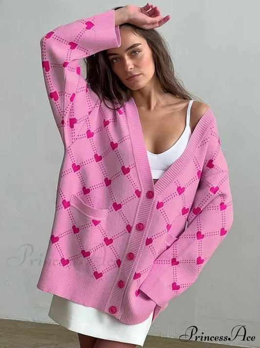 Affection Pattern V-Neck Baggy Pockets Knit Cardigan Deep pink / S cardiagn-250126