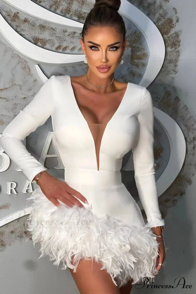 Aina Feather Stylish Bandage Dress XS / White