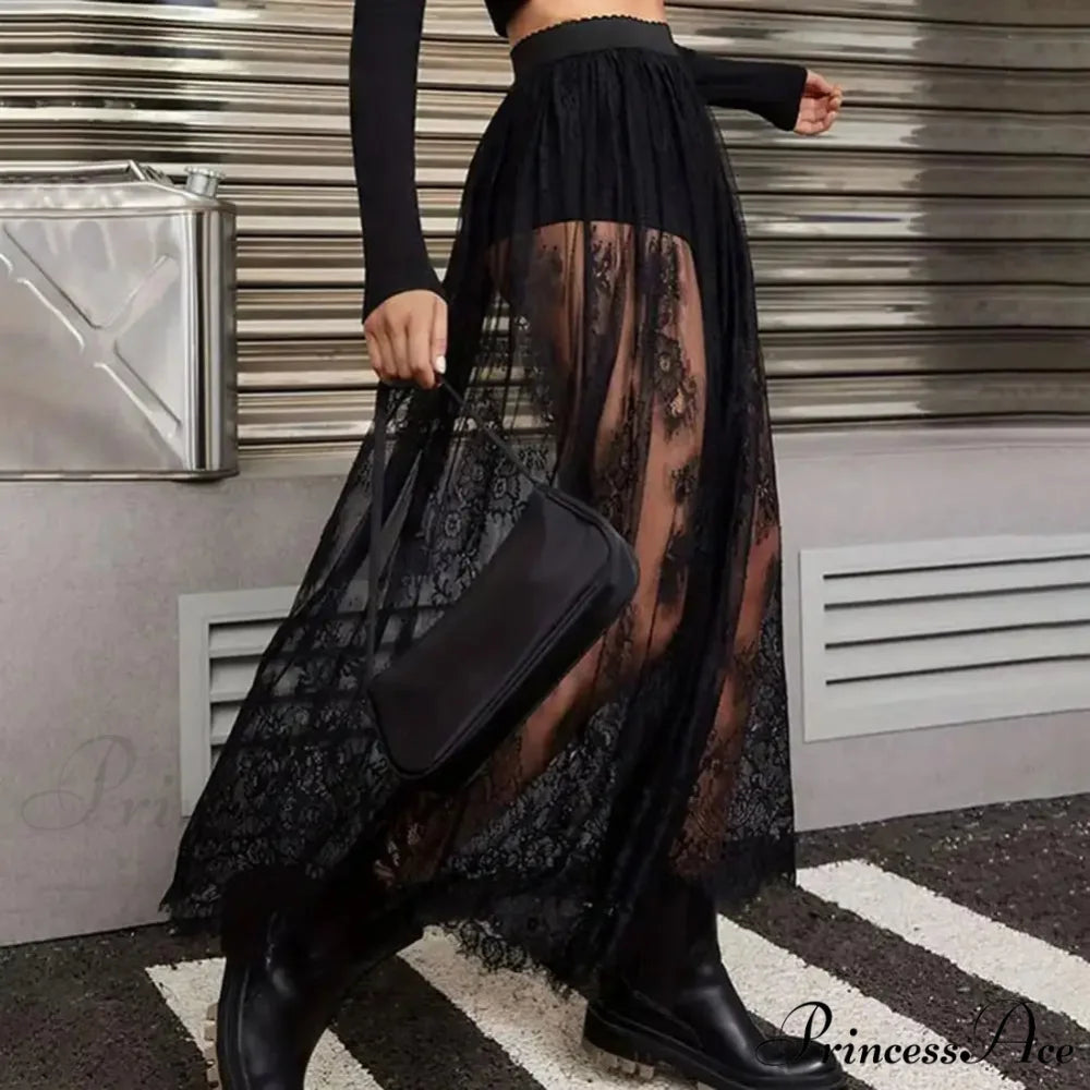 Airy Checkered Mesh Maxi Skirt Gloomy Design Embroidery Black / S skirt-250126