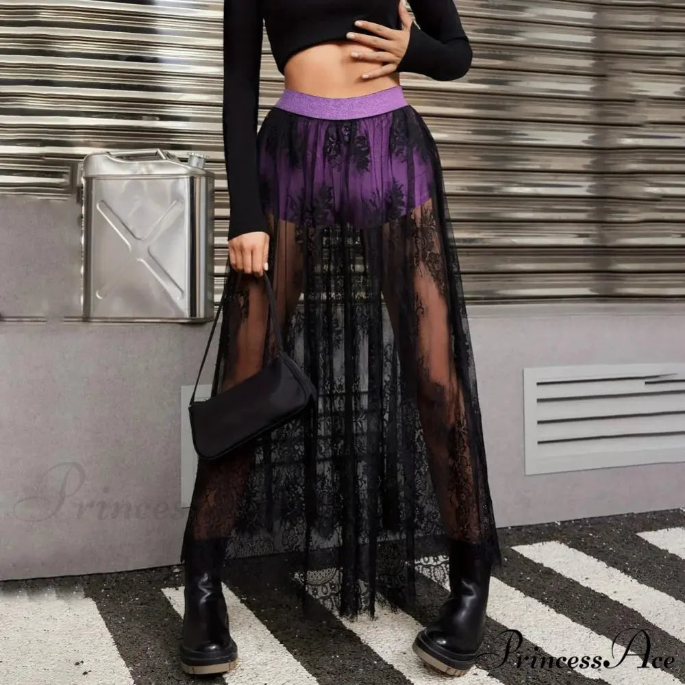 Airy Checkered Mesh Maxi Skirt Gloomy Design Embroidery Purple / S skirt-250126