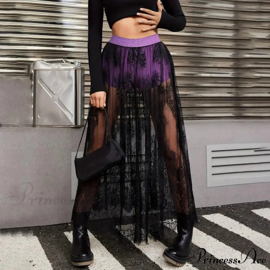 Airy Checkered Mesh Maxi Skirt Gloomy Design Embroidery Purple / S skirt-250126