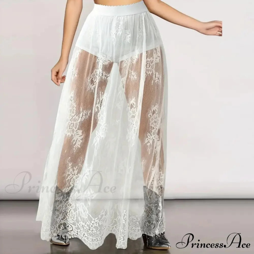 Airy Checkered Mesh Maxi Skirt Gloomy Design Embroidery White / S skirt-250126