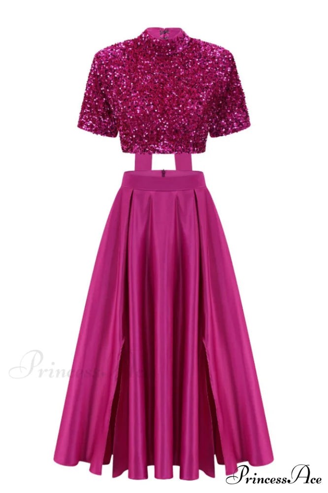 Aisha Sequin Bow Charming Lace Up Set S / Fuchsia