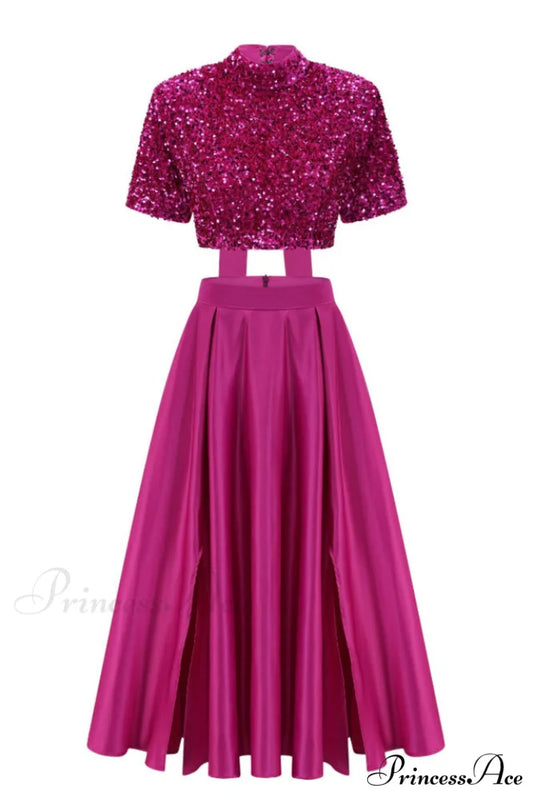 Aisha Sequin Bow Charming Lace Up Set S / Fuchsia